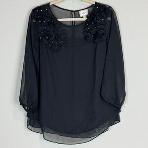 ECI NY Black Embellished Sheer Rhinestone Flower Top M